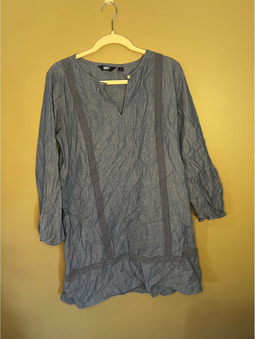 Lands’ End Dark Gray Denim V Neck Long Sleeve Peasant Mini Dress